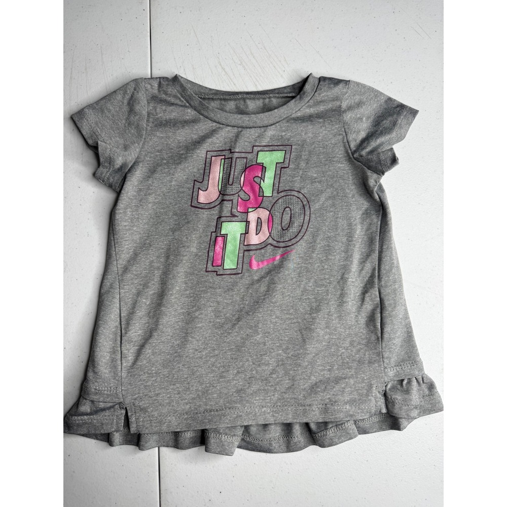 Nike Girls Dri-FIT Just Do It Ruffle Hem T-Shirt Gray Pink Green Toddler 24M